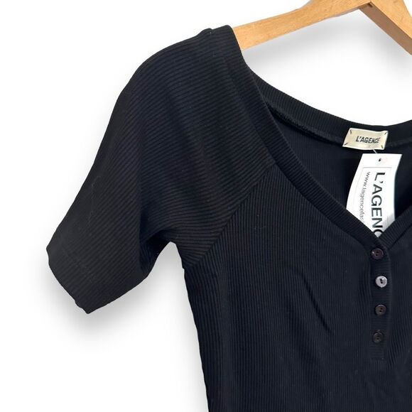 L’AGENCE | Theresa Ribbed Stretch Micro-Modal Jersey Henley Short Sleeve Top NWT - Picture 3 of 7